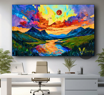Beautiful Nature with Sun River Mountains Canvas Painting
