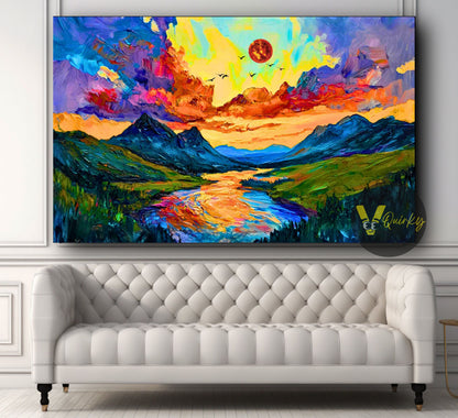 Beautiful Nature with Sun River Mountains Canvas Painting