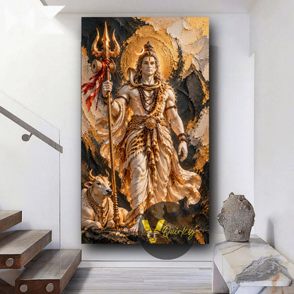 Lord Shiva with Nandi and Trident 3D Vertical Canvas Painting