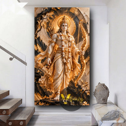 Majestic Lord Rama in Golden Marble 3D Vertical Canvas Painting